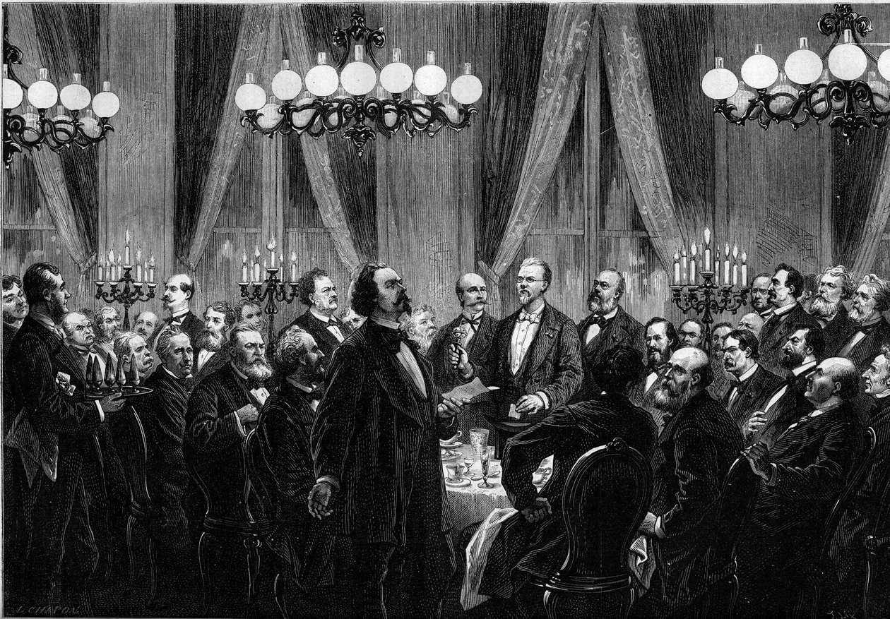 Spotkanie „Societe du Caveau” w 1879 r., na którym osobistości ze sceny zbierają się na śpiewanej kolacji, podczas której każdy z nich komponuje piosenki. Piosenkarz Duprez, Clairville (Louis Francois Nicolaie autorstwa French School