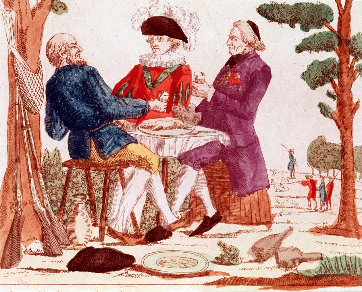 Chłop (tiers etat), duchowieństwo i arystokrata jedzą razem królika przy stole, w prawym tle scena polowania, po lewej trzy pistolety, sierpień 1789 (rycina, koniec XVIII wieku) autorstwa French School