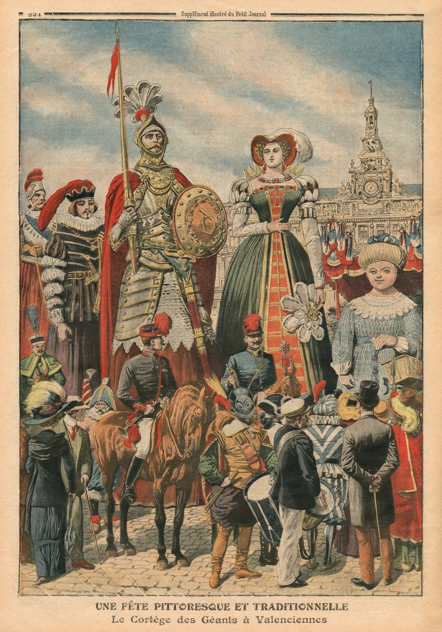 Malownicza i tradycyjna uczta, procesja olbrzymów w Valenciennes, ilustracja z „Le Petit Journal”, dodatek illustre, 10.07.1910 r. (lito barwne) autorstwa French School