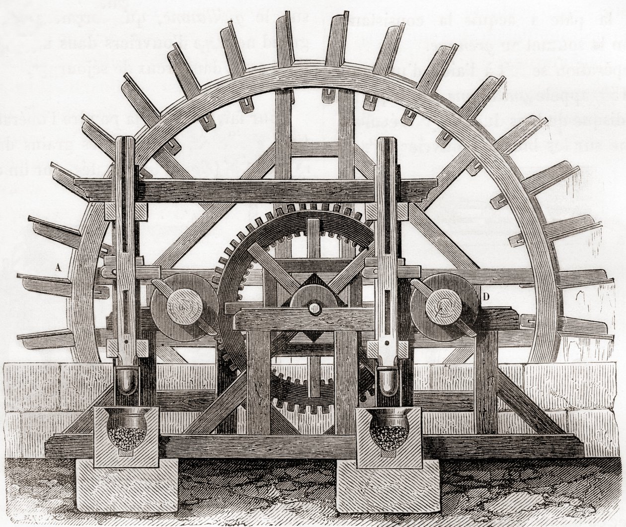 Młyn proszkowy i koło wodne, według rysunku z XIX wieku, z Les Merveilles de la Science, wydanego ok. 1870 (rycina) autorstwa French School