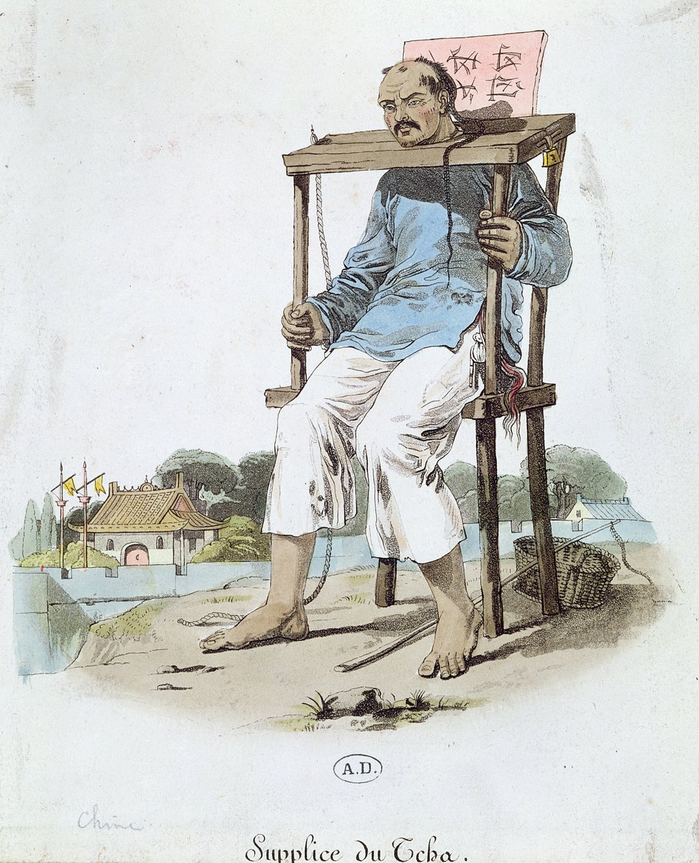 Więzień w Cangue w Chinach, ok. 1800 (kolor grawerowany) autorstwa French School