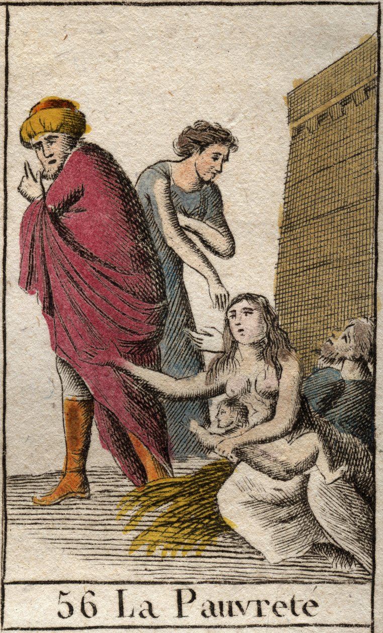 Przedstawienie biedy, boso i ubrana w okruchy, siedzi na słomie. (Reprezentacja biedy, ubrana w strzępy, bosa, siedzi na słomie). Z „Mitologii młodości” Pierre