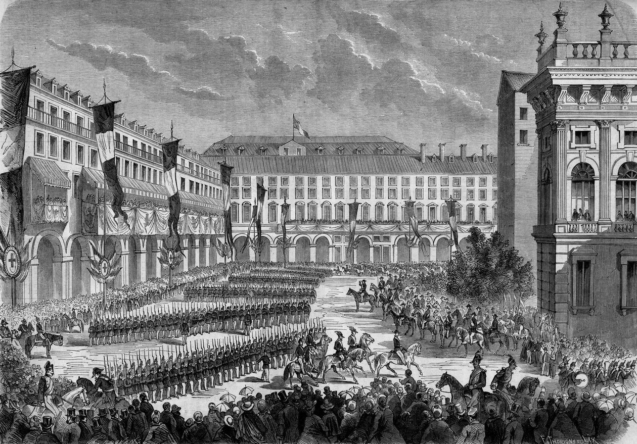 Przegląd wojsk przekazanych przez króla Włoch Wiktora Emanuela II (Victor-Emmanuel) (Vittorio Emanuele) w Turynie 7 czerwca autorstwa French School