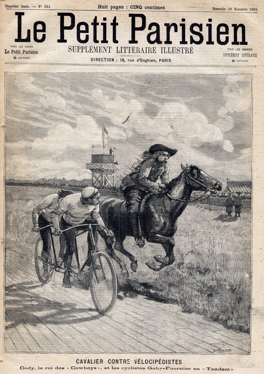 Jeździec ścigał się z welocypedami: William Frederic Cody (1846-1917), znany jako Buffalo Bill, znany jako Król Kowbojów oraz rowerzyści Gaby i Fournier w Tandemie. Jedna z gazet „Le petit Parisien”” z dnia 26.11.1893 (rycina) autorstwa French School