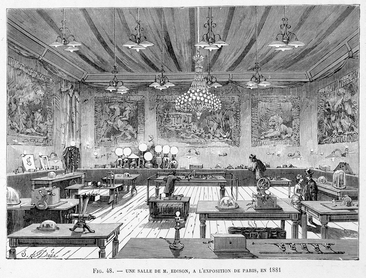 Pokój pana Edisona na wystawie w Paryżu w 1881 r. - w „Nowych podbojach nauki” Louisa Figuiera autorstwa French School