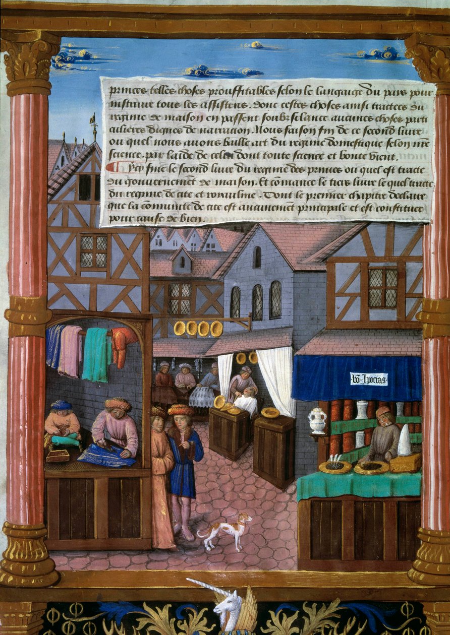 Rue de Paris z echem na początku XVI wieku Strona rękopisu zaczerpnięta z „Livre du Gouvernement des Princes” Romaina Gillesa (XVI w.) Paryż, Bibliotheque de l