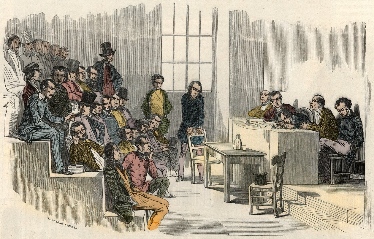 Seans konkursu agregacji na paryskiej Sorbonie w XIX wieku - Grawerowanie w „”Tableau-de-Paris” Edmonda Texiera 1852 autorstwa French School