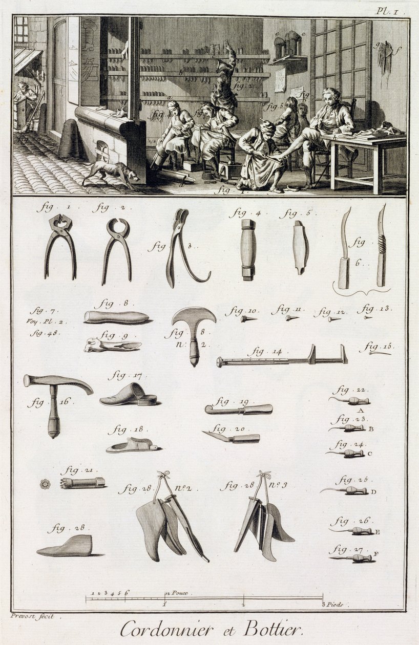 But i szewc oraz ich narzędzia, z Encyclopedie des Sciences et Metiers autorstwa Denisa Diderota (1713-84) opublikowanej ok. 1770 r. autorstwa French School