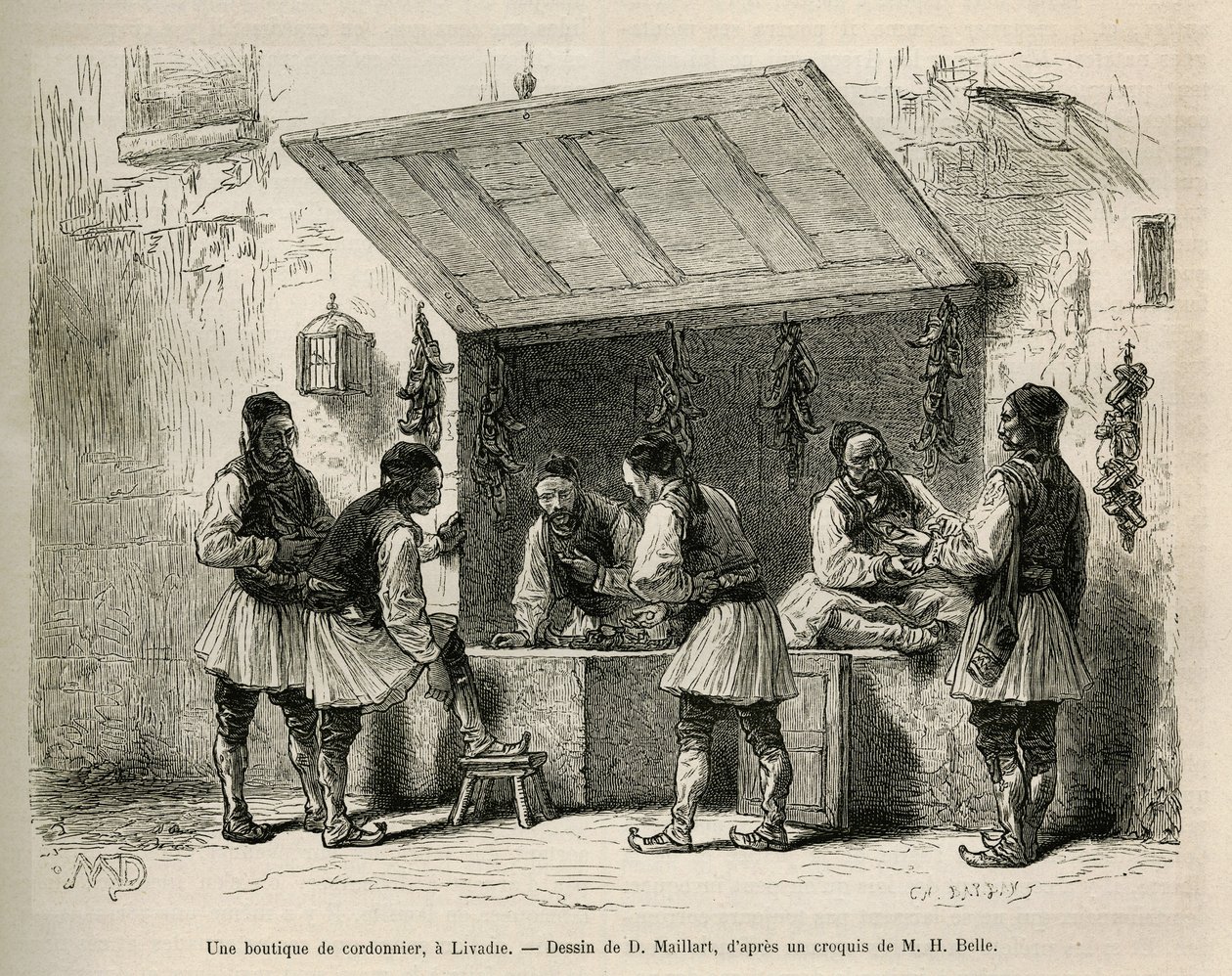 Sklep szewski i jego klientela w Livadie, rysunek D.Maillarda, ilustrujący historię Henri Belle: Voyage en Greece autorstwa French School