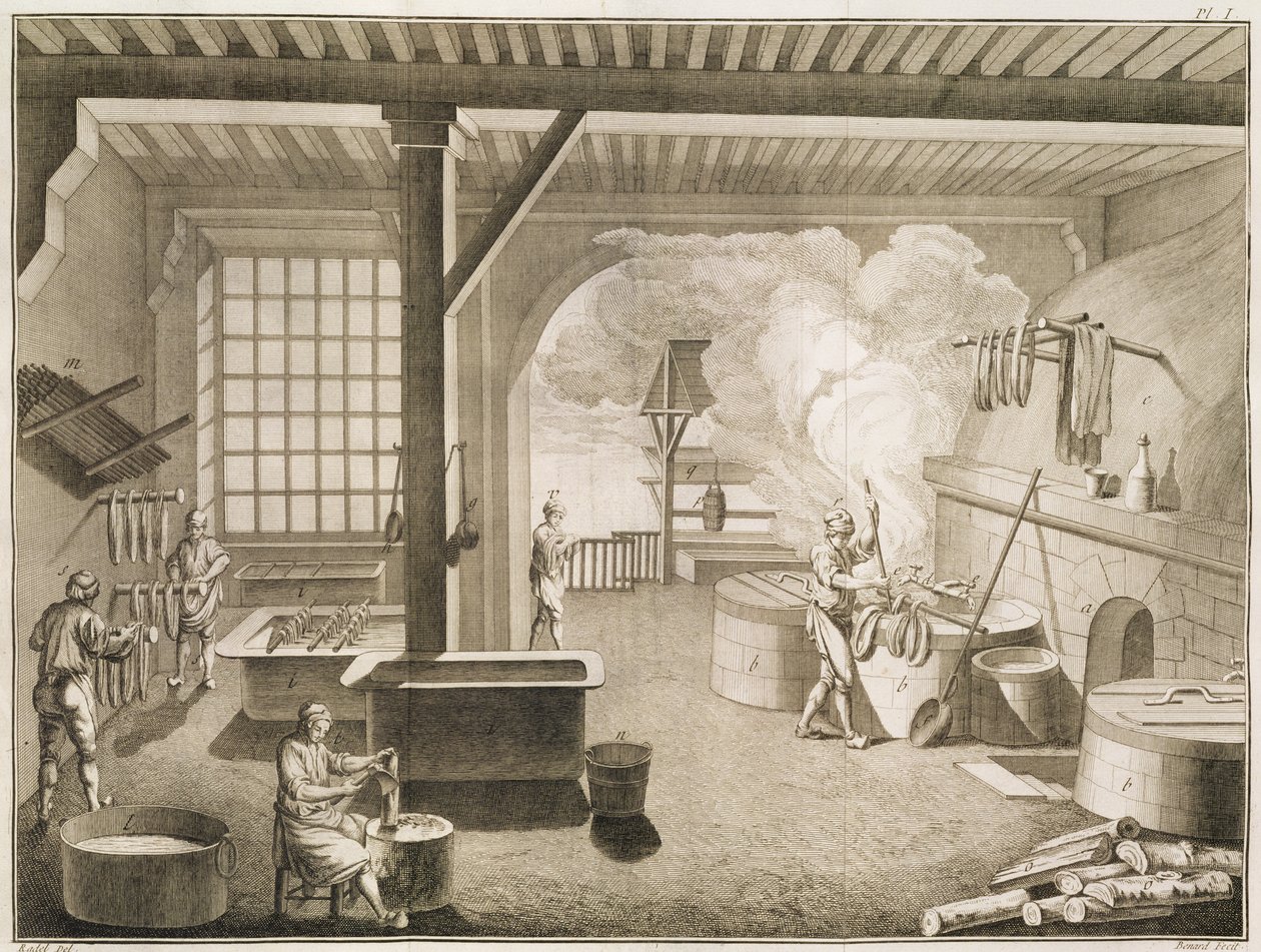 Warsztat farbiarzy jedwabiu, z Encyclopedie des Sciences et Metiers autorstwa Denisa Diderota (1713-84) opublikowany ok. 1770 autorstwa French School
