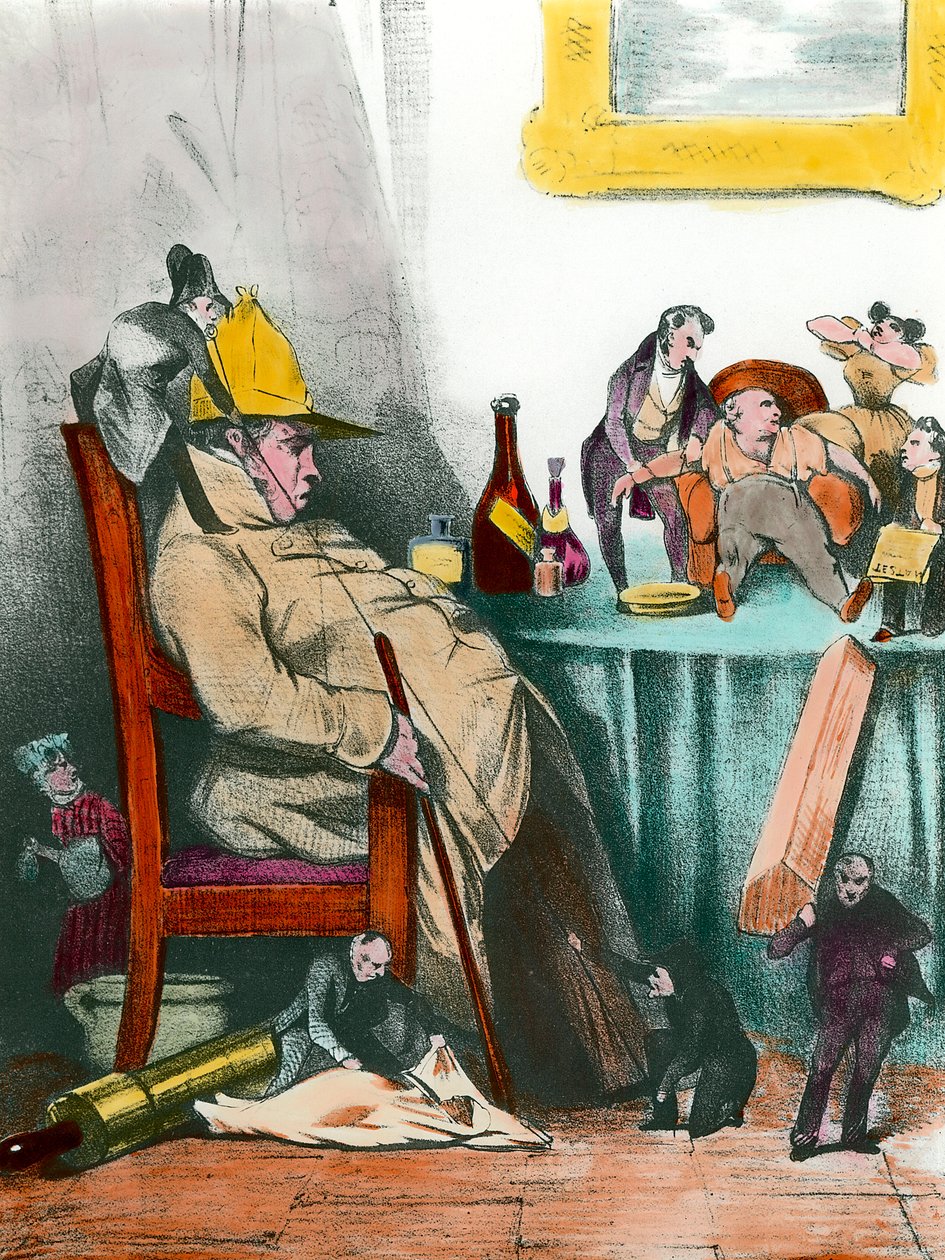 Siedzący hipochondryk myślący o swojej następnej śmierci Ilustracja do utworu „Le malade imaginaire” Jeana Baptiste Poquelin dit Moliere (1622–1673) XIX-wieczna kolekcja prywatna autorstwa French School