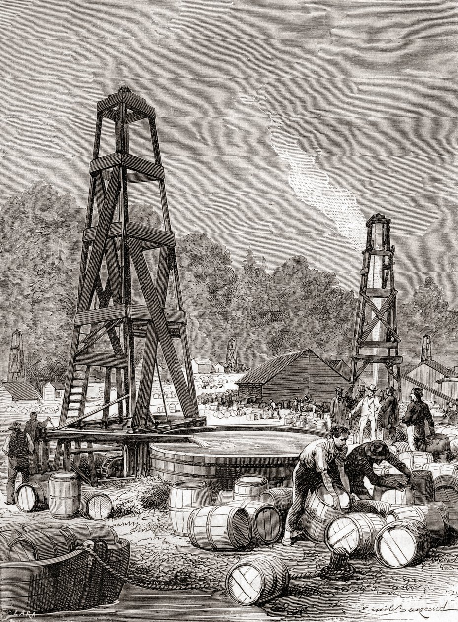 Źródło ropy naftowej w Oil Creek na rzece Allegheny w Pensylwanii w USA w 1858 r., odkryte przez Edwina Laurentine Drake, znanego również jako pułkownik Drake, z „Les Merveilles de la Science”, opublikowanej ok. 1870 r. (rycina) autorstwa French School