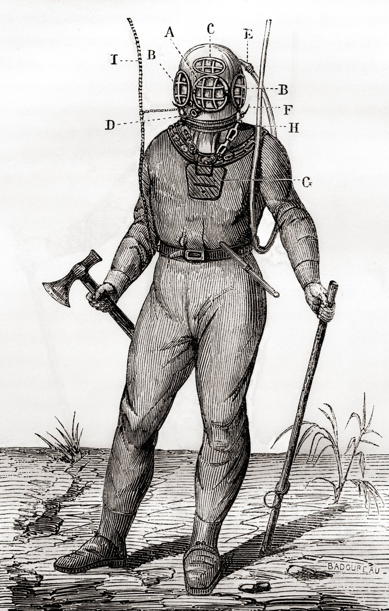 Standardowy skafander nurkowy opatentowany przez Josepha-Martina Cabirola w 1855, z „Les Merveilles de la Science”, opublikowany ok. 1870 (rycina) autorstwa French School