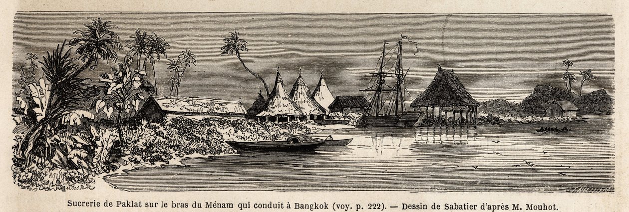 Cukrownia Paklat, na ramieniu Menam, głównej rzeki Tajlandii, rysunek Sabatiera, ilustrujący podróż Henri Mouhota do królestw Syjamu, Kambodży i Laosu w latach 1858-1861. Grawer „”Le tour du monde” ”, pod redakcją Edouarda Charto autorstwa French School