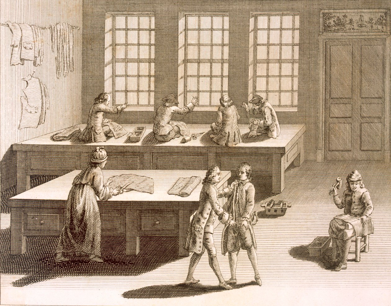 Warsztat krawiecki, z Encyclopedie des Sciences et Metiers autorstwa Denisa Diderota (1713-84) wydanej ok. 1770 r. autorstwa French School