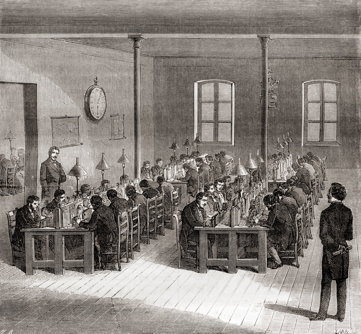 Stacja telegraficzna w Paryżu, Francja ok. 1870, z Les Merveilles de la Science, opublikowana ok. 1870 (grafika) autorstwa French School