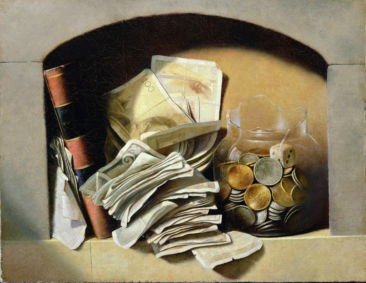 Trompe loeil z papierowych pieniędzy, monet i potłuczonego szklanego słoika w niszy autorstwa French School