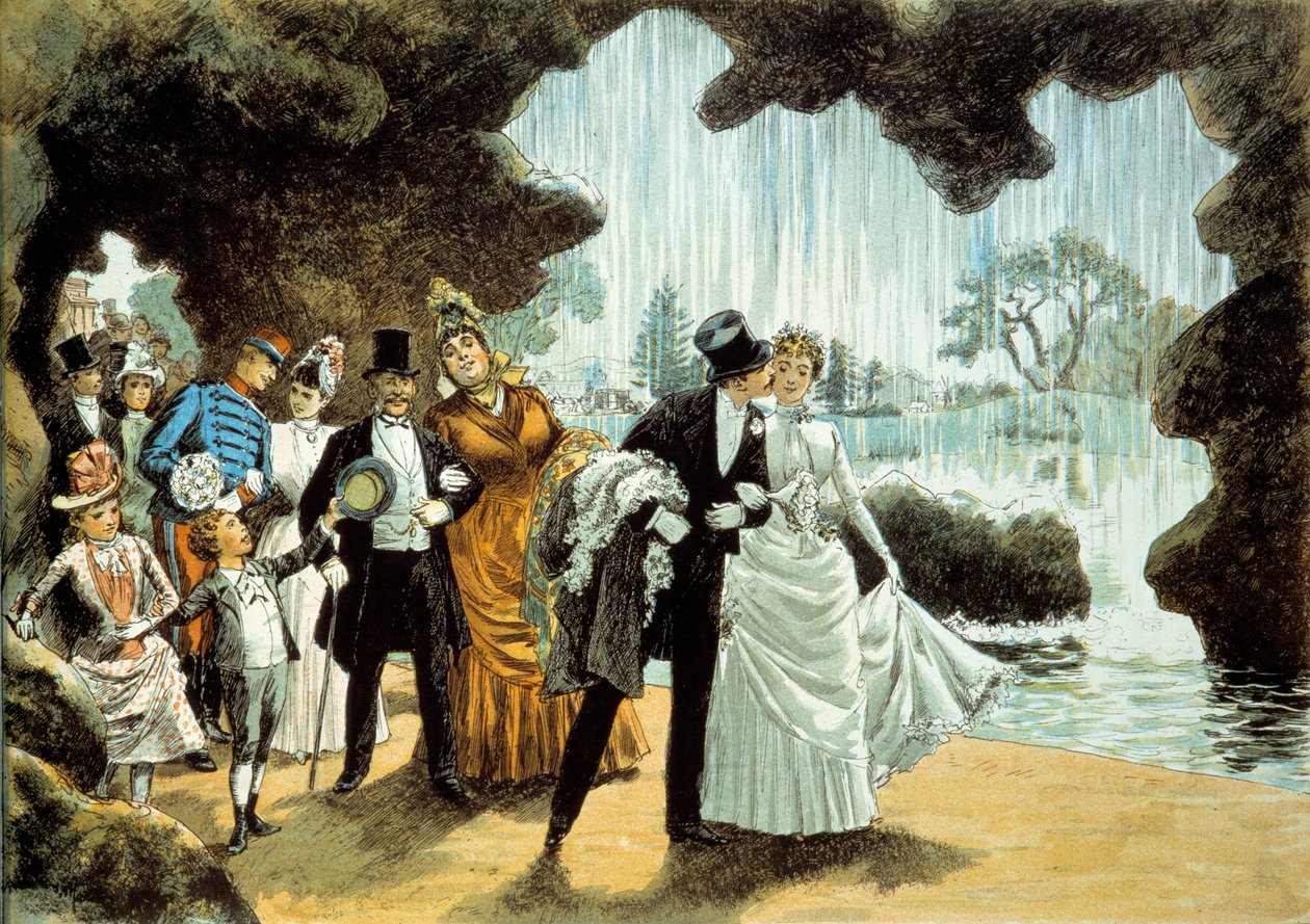 Ślub nad wodospadem. Para młoda w Parc des Buttes Chaumont (). Druk z końca XIX wieku Kolekcja prywatna autorstwa French School