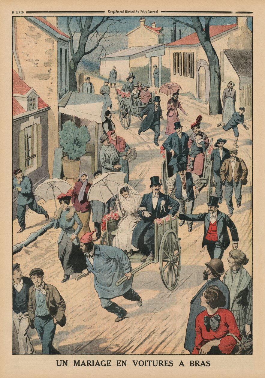 Wesele na wózkach, ilustracja na tylnej okładce z Le Petit Journal, dodatek illustre, 5 kwietnia 1914 autorstwa French School
