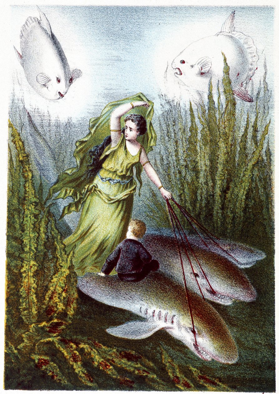 Kobieta i chłopiec uciekający przed gigantycznymi rybami na rekinach - w "Podróży na dno morza" H. de la Blanchère. Paryż, wyd. Jouvet et Cie, sd. 1880. autorstwa French School