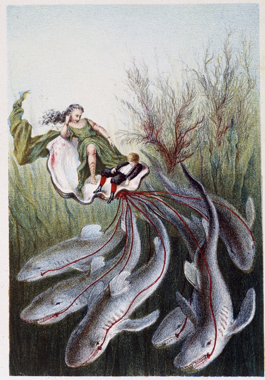 Kobieta i chłopiec na czołgu prowadzonym przez rekiny - w "Podróży na dno morza" H. de la Blanchère. Paryż, wyd. Jouvet et Cie, sd. 1880. (double 02946) autorstwa French School