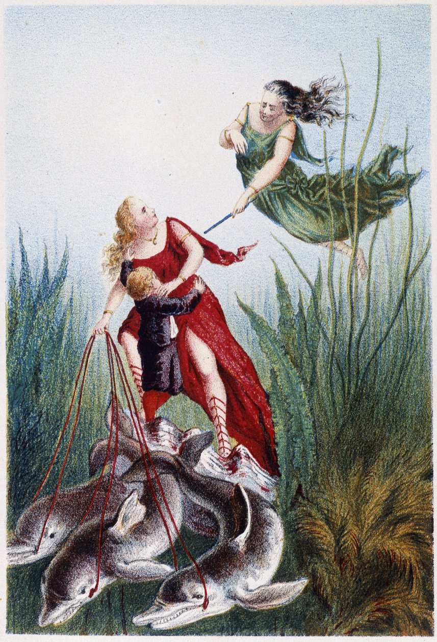 Kobieta atakująca inną kobietę i chłopiec prowadzony przez delfiny - w "Podróży na dno morza" H. de la Blanchère. Paryż, wyd. Jouvet et Cie, sd. 1880. (double 02947) autorstwa French School