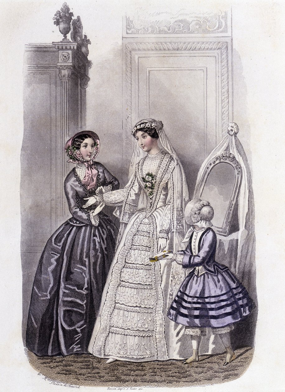 Kobieta w sukni ślubnej w otoczeniu dziewczyny i damy – w „Journal des Demoiselles” 1852. autorstwa French School