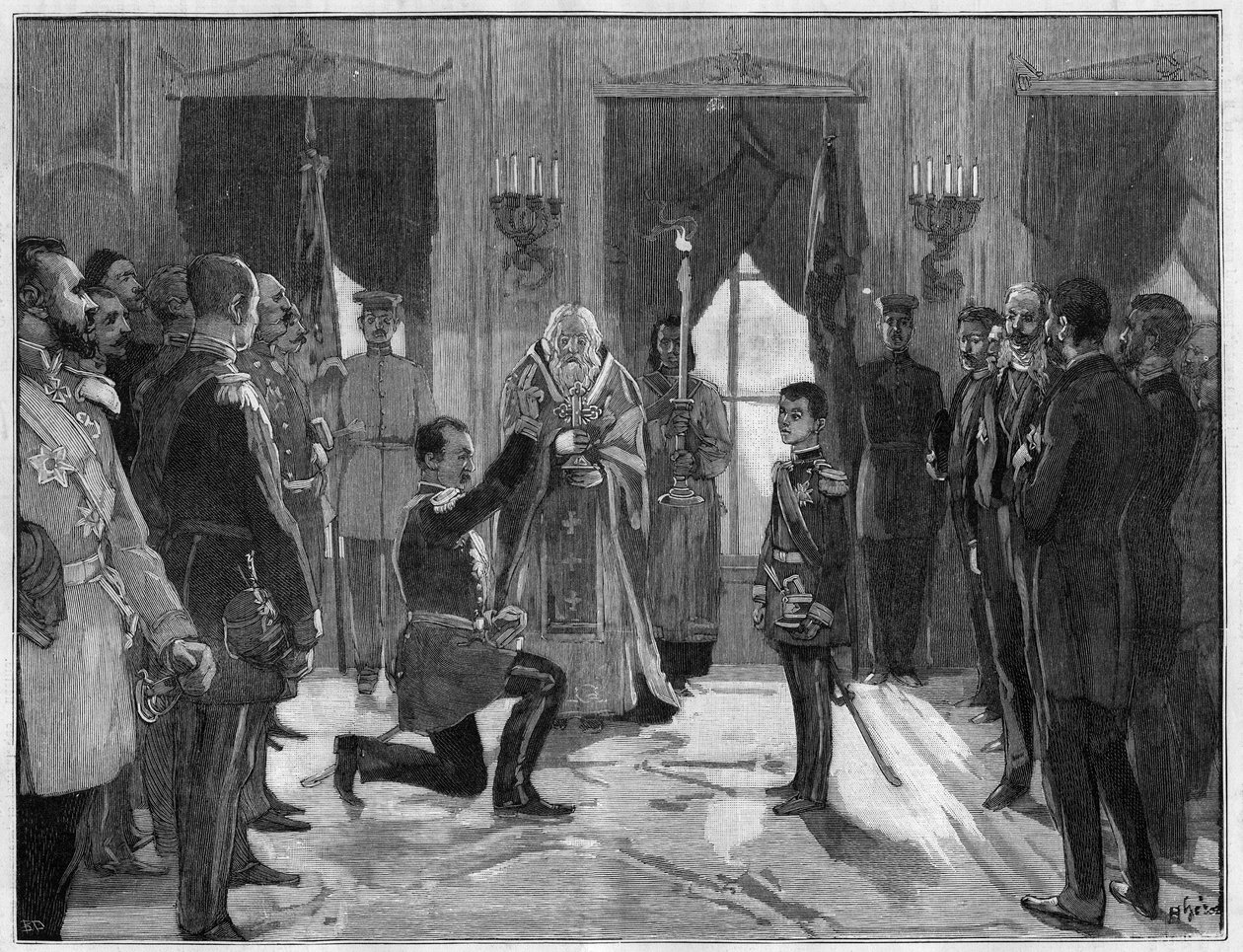 Abdykacja króla Mediolanu I Serbii (1854-1901), 7 marca 1889: były król składa przysięgę posłuszeństwa i wierności swojemu synowi, Aleksandrowi I Serbii (1876-1903), za którego właśnie abdykował. Grawerowanie w „”Le Monde Illustré””n°1666 z 2 marca autorstwa French School
