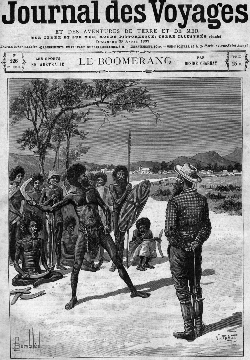Aborygeni z Australii używający bumerangu, koniec XIX wieku. Grawerowanie w „Journal des Voyages” z 30 kwietnia autorstwa French School