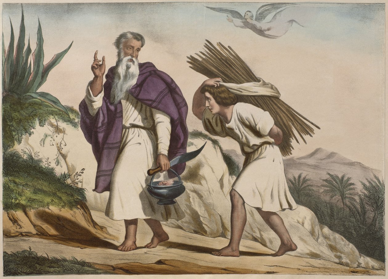 Abraham zabierający Izaaka na górę Moria, ilustracja z katechizmu LHistoire Sainte, wydanego przez Charlesa Delagrave, Paryż autorstwa French School