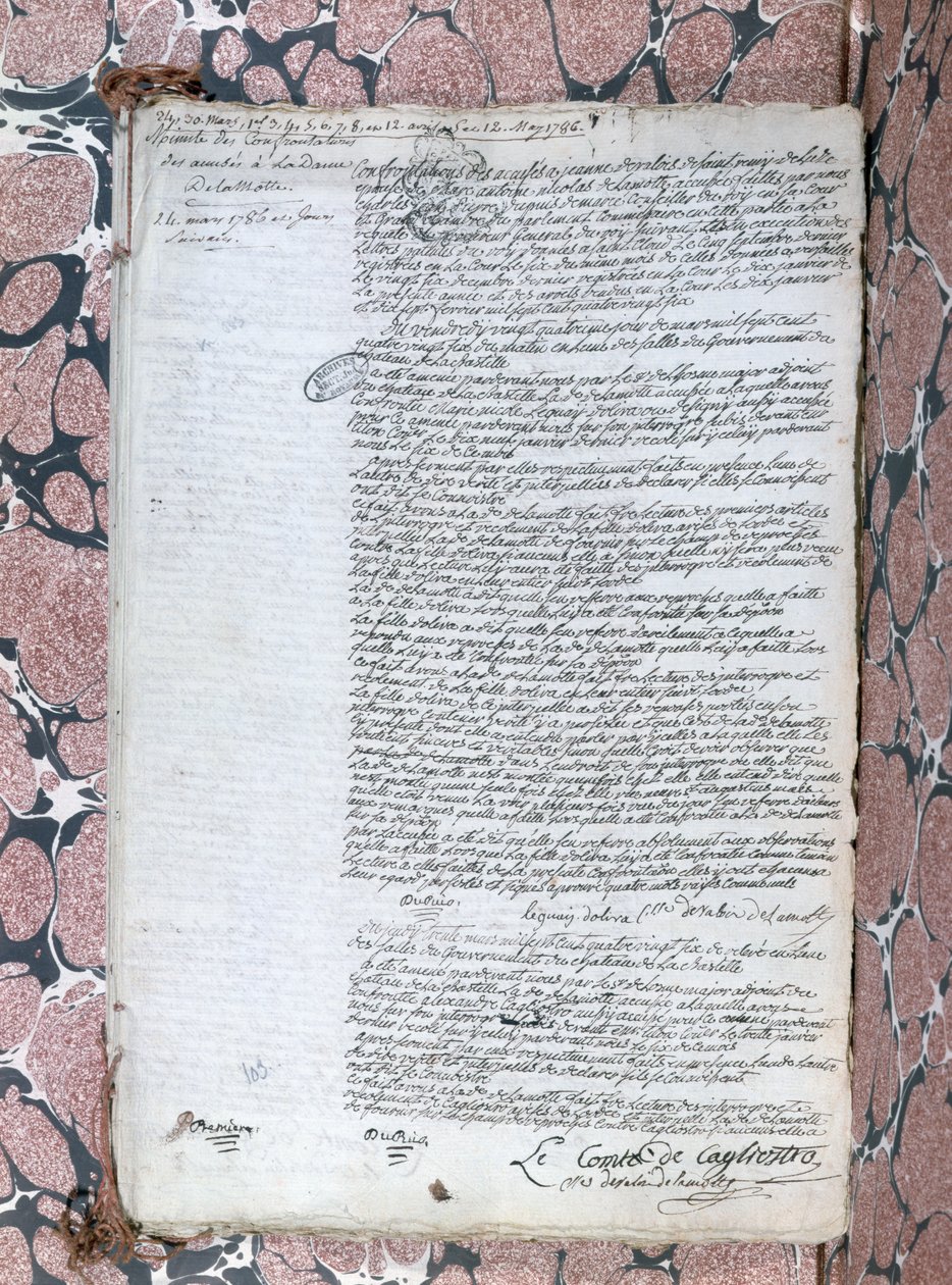 Relacja z konfrontacji między hrabiną de la Motte a Cagliostro podczas procesu dotyczącego naszyjnika Queens, 24 maja 1786 autorstwa French School