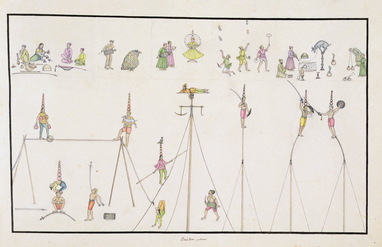 Akrobaci, żonglerzy, podszywacze, artyści z albumu Gentil, wydanego w 1774 r. autorstwa French School