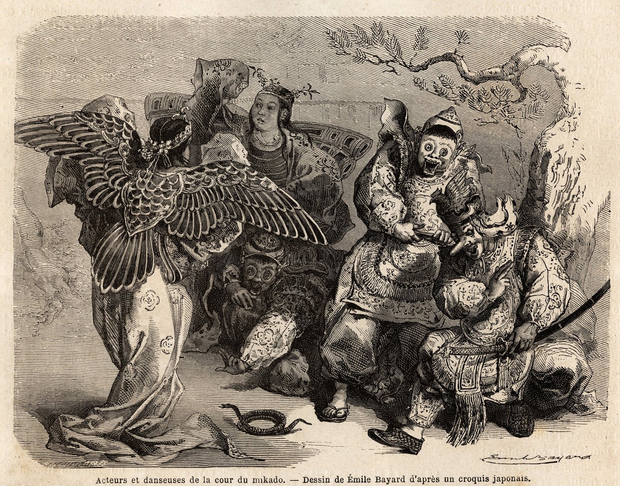 Aktorzy i tancerze dworu Mikado w kostiumach scenicznych. Rycina ilustrująca podróż do Japonii w latach 1863-1864, autorstwa Aime Humberta, ministra Konfederacji Szwajcarskiej, w "Le tour du monde, nouveau journal des voyages", opublikowanym pod kierunkiem autorstwa French School
