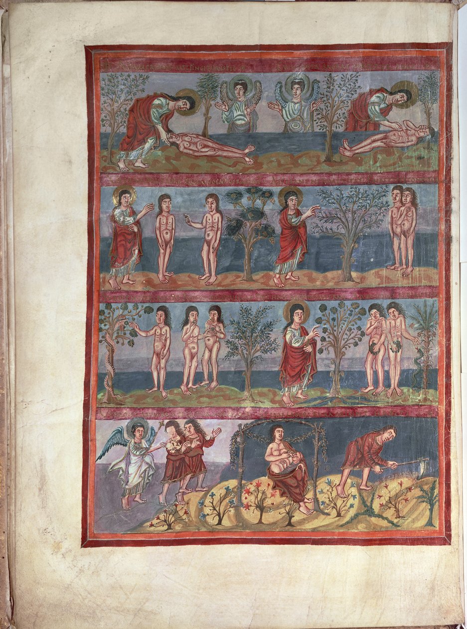 Add.10546 f.5v Adam i Ewa, z Biblii Moutier-Grandval, iluminowane w opactwie karolińskim św. Marcina, Tours, łac., ok. 834-843 (welum) autorstwa French School