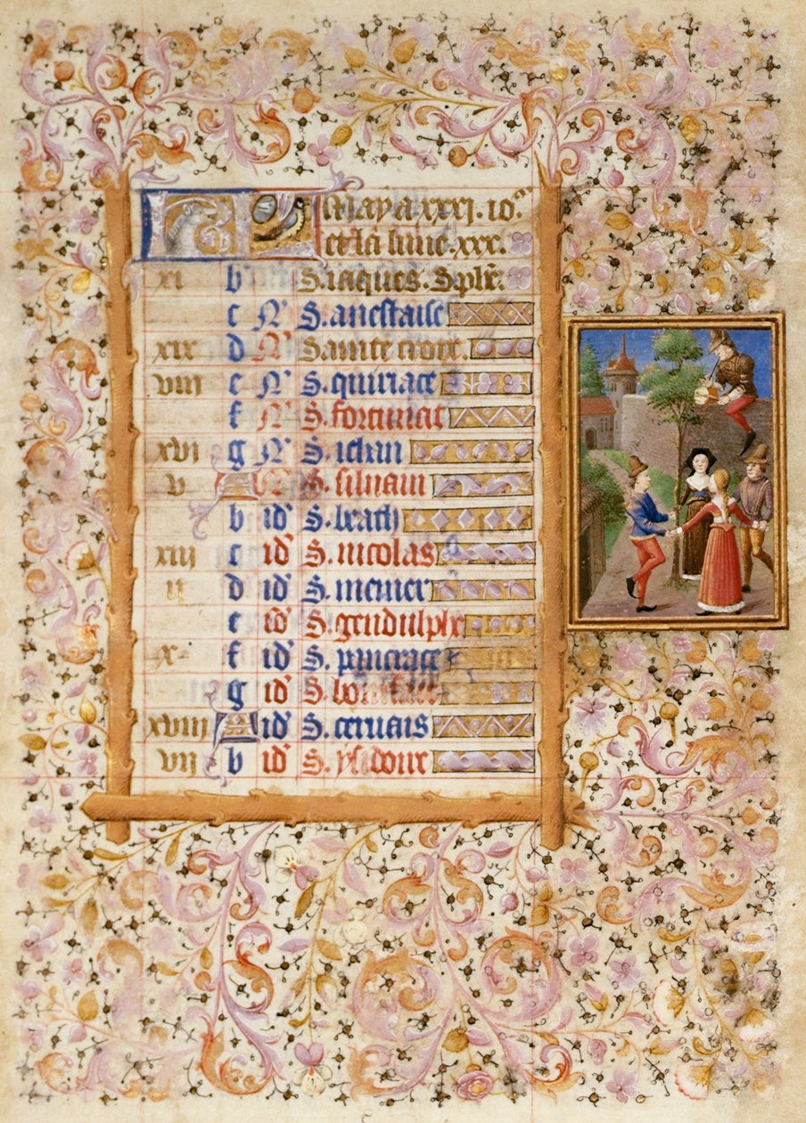 Add.25695 fol.5 Strona kalendarza na maj, z Księgi Godzin (welin) autorstwa French School