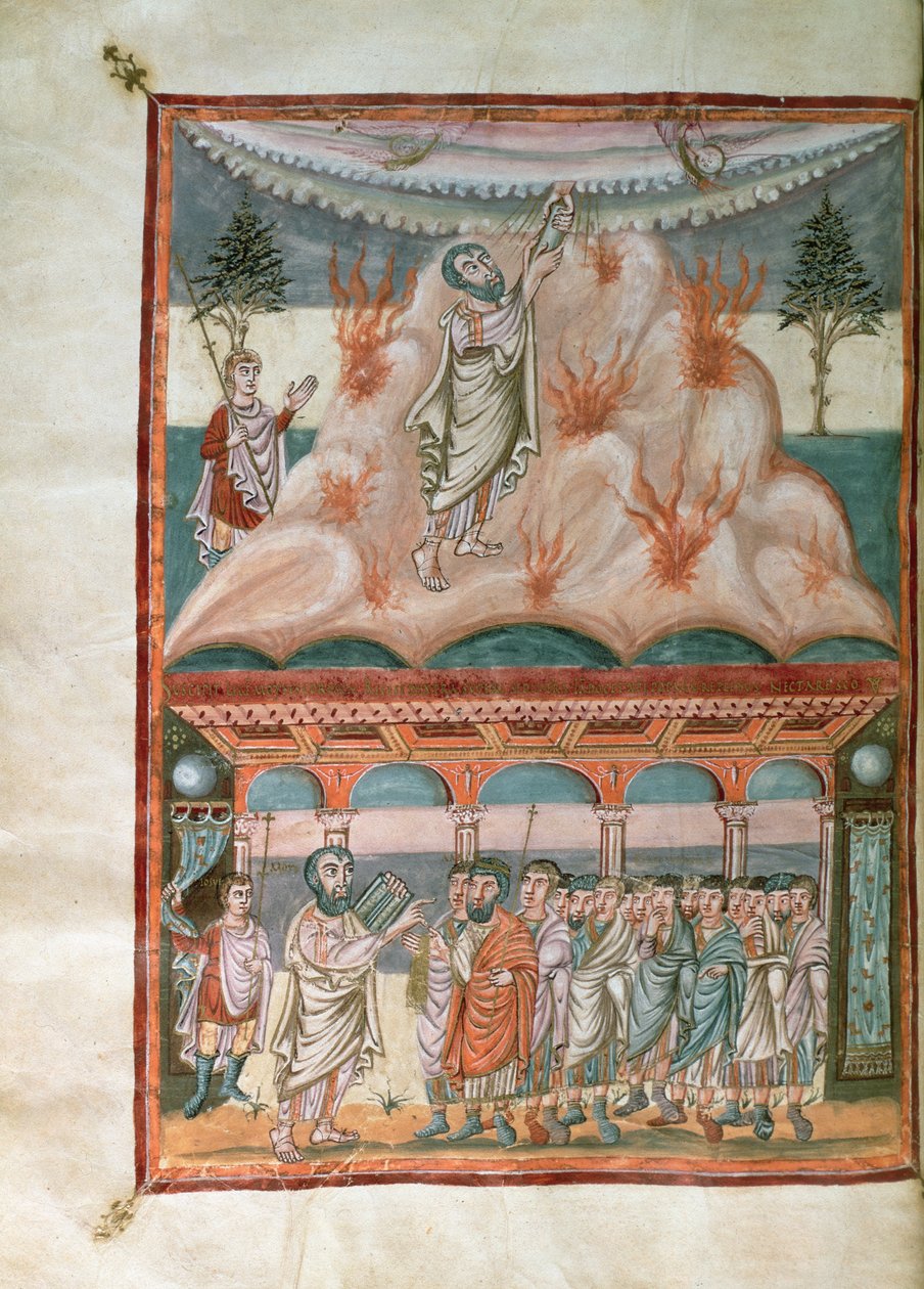 Dodaj 10546 f.25b Mojżesz odbierający i przekazujący Prawo Boże na Górze Synaj, z Biblii Moutier-Grandval, oświetlonej w opactwie Karolingów w St. Martin, Tours, ok. 834-843 (welum) autorstwa French School