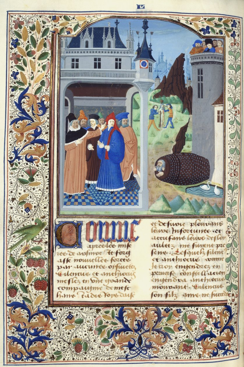 Dodać. 11696, f.136v Boccaccio obserwujący tortury, z „Le Livre des Cases des Nobles et Illustres Hommes” Giovanniego Boccaccio, c.1470 (atrament, kolor i złoto na welinie) autorstwa French School