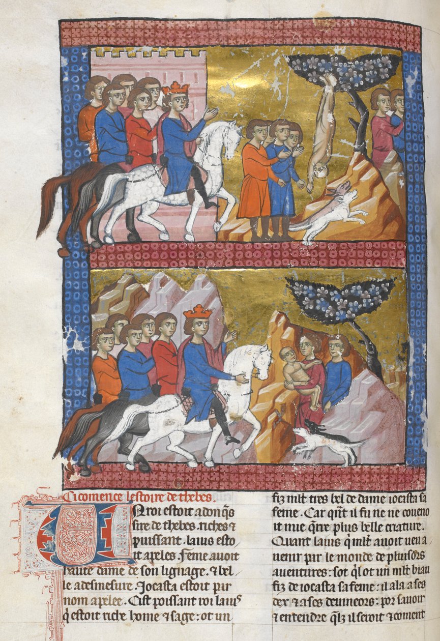 Dodać. 15268, f.75v Edyp, znaleziony przez Polibusa, króla Koryntu, ilustracja z „Le Livre des ansienes estoires”, c.1285 (welum) autorstwa French School