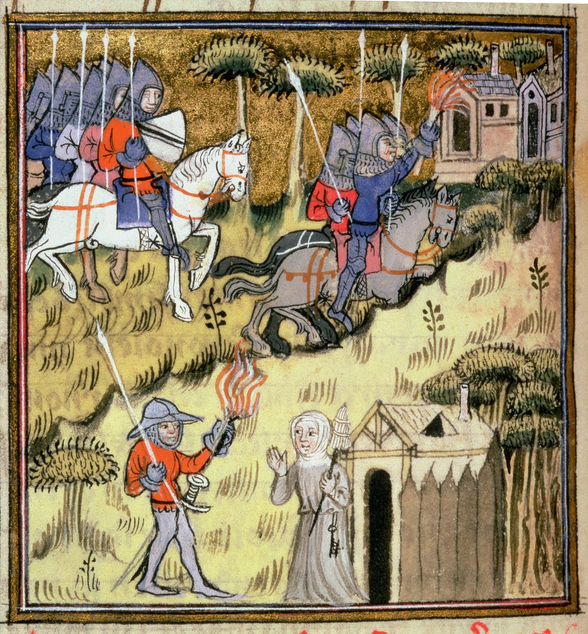 Dodaj 15269 f.178v Kawaleria podpalająca budynki z płonącymi pochodniami; zakonnica chroniąca opactwo przed żołnierzem, ok. 1380 autorstwa French School