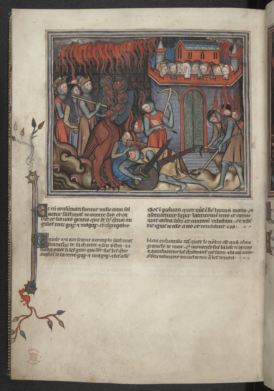 Dodaj 17333, f.42v, Miniatura armii Niebios walczących ze smokiem (Objawienie XIX:19-20), z Apokalipsy (