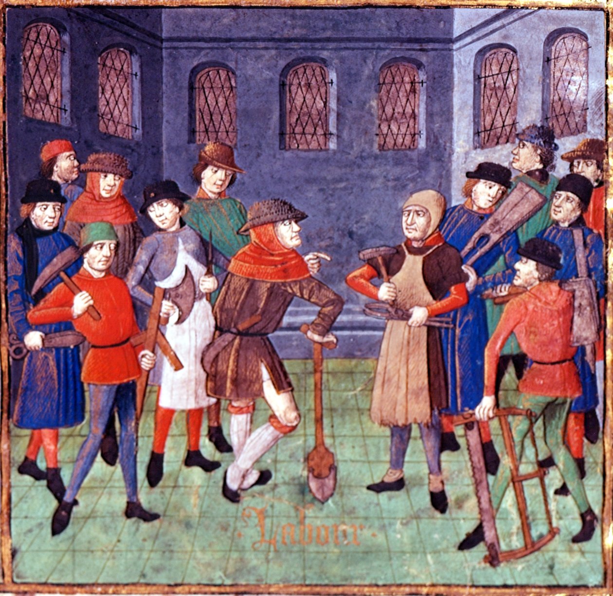 Dodaj 18750 fol.3 Robotnicy z narzędziami, szczegół z prologu dedykacyjnego do księcia de Berry w „Des cas des nobles hommes” Giovanniego Boccaccio, przekład Laurenta de Premierfait, ok. 1480 (wellum) autorstwa French School