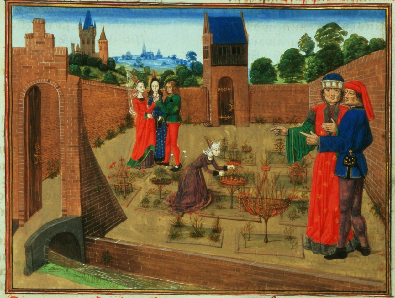 Dodaj 19720 fol.214 Otoczony murem ogród z kobietą ogrodniczą i innymi plotkami, z Livre des Prouffits Champetres et Ruraulx autorstwa Pietro de Crescenzi (1230-1320) (welum) autorstwa French School