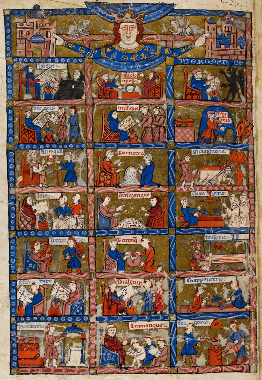 Dodać. 30024 f.1v Dwadzieścia jeden scen przedstawiających sztukę i naukę z „Li Livres dou Tresor” Brunetto Latini autorstwa French School