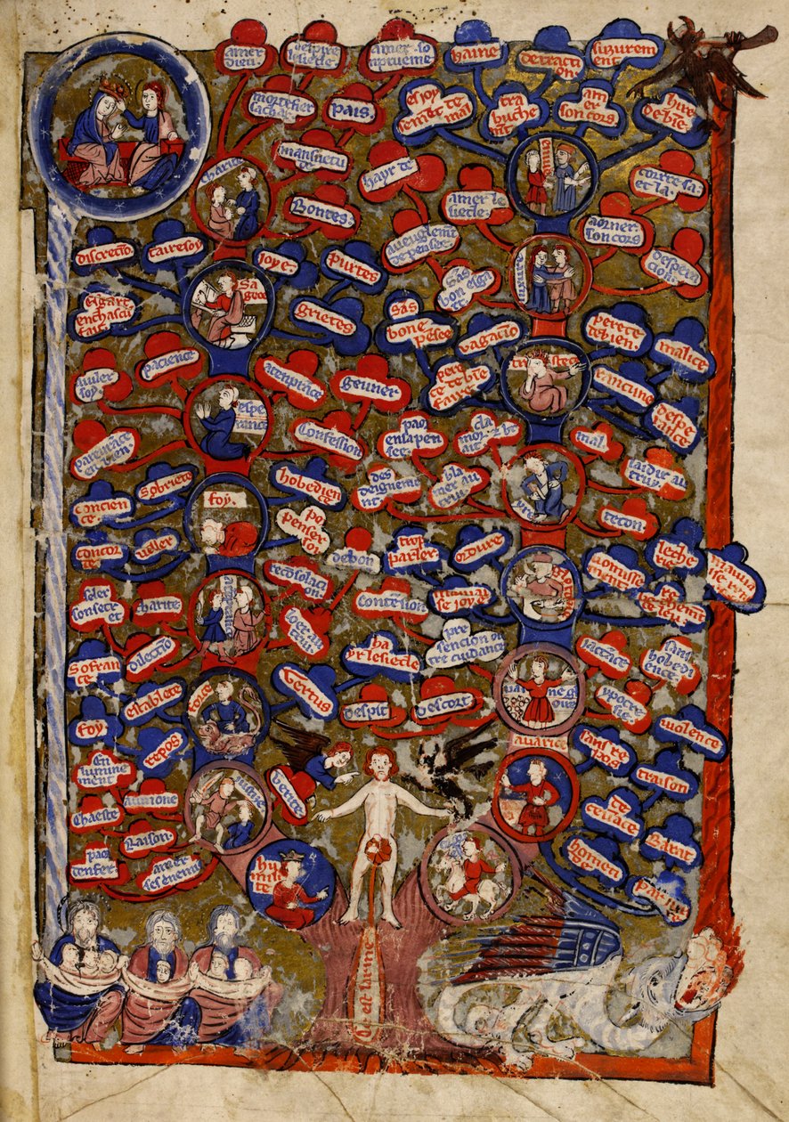 Dodać. 30024 f.2 Drzewo cnót i wad, z „Li Livres dou Tresor”, autorstwa Brunetto Latini autorstwa French School