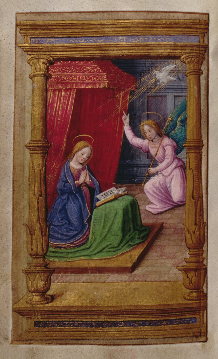 Dodaj 35214 f.29v Zwiastowanie, z Księgi Godzin, Paryż autorstwa French School