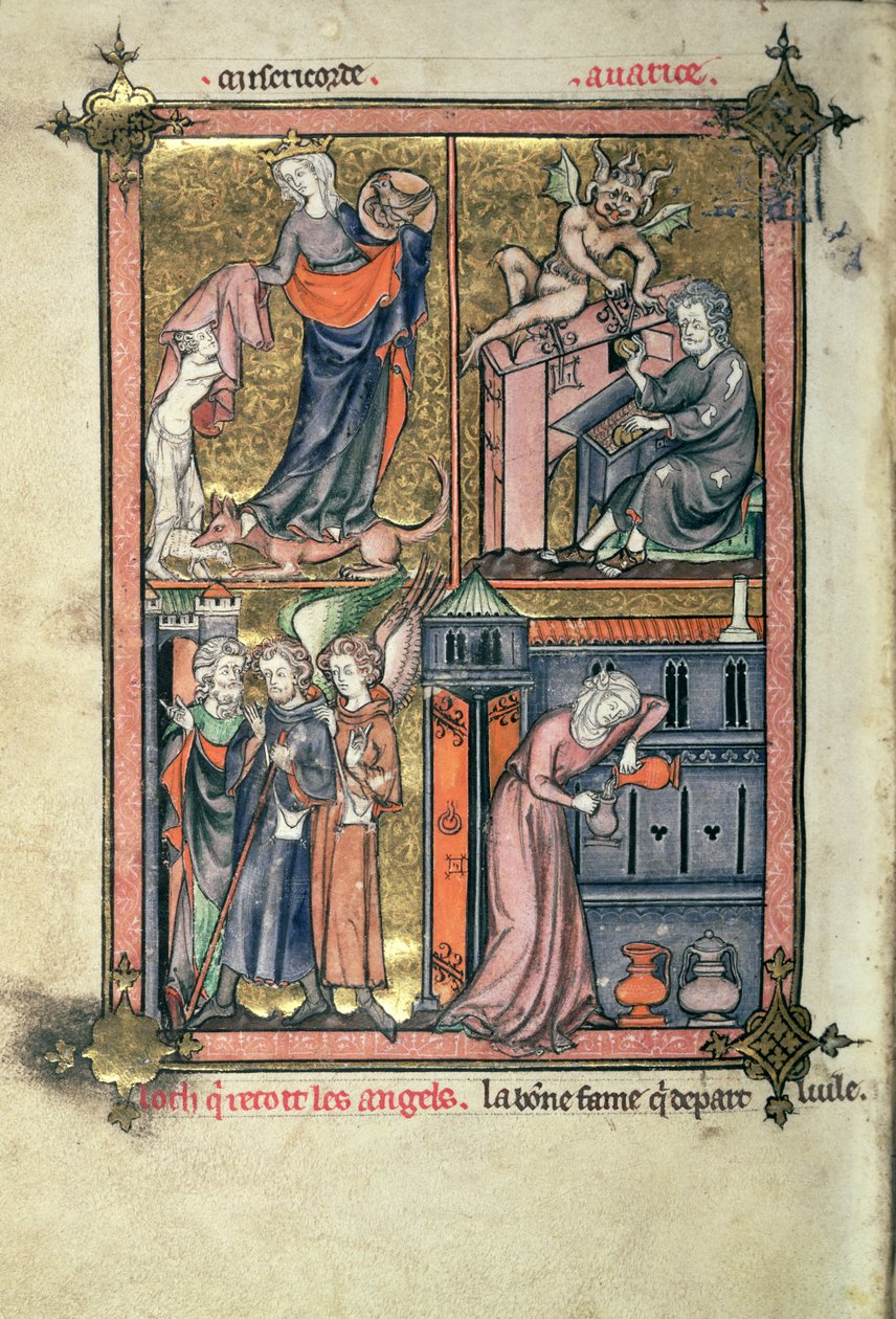 Dodaj 54180 f.136b Miłosierdzie i skąpstwo, Lot i aniołowie; wdowa i jej olej, z „La Somme le Roy” Frere Laurenta, oświetlona przez Maitre Honore (welum) autorstwa French School