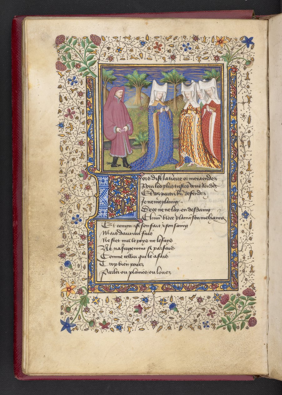 Dodaj MS 21247 f.40v A gentleman i trzy damy, z „Le livre des quatre dames” Alaina Chartiera (tusz, kolor i złoto na welinie) autorstwa French School