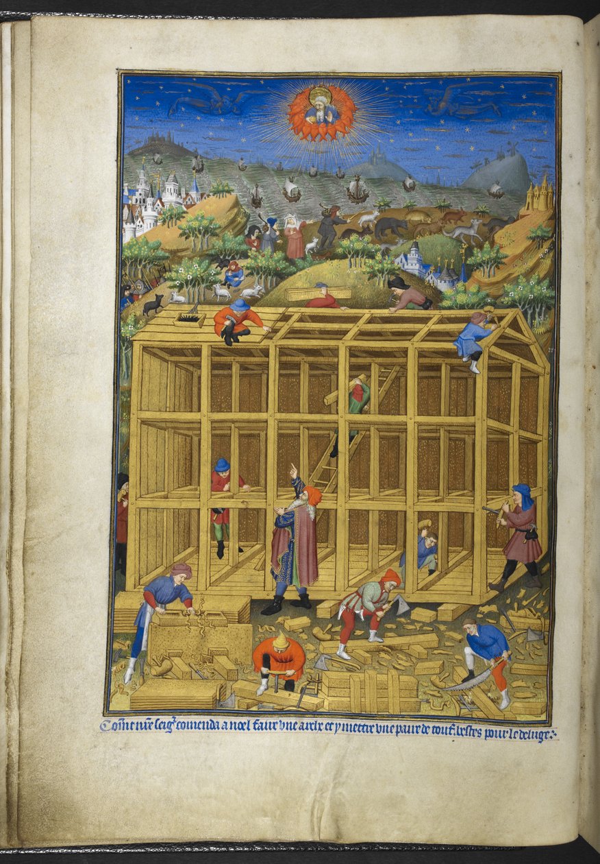 Dodaj Ms 18850 f.15v, Budowa Arki Noego, z Księgi Godzin (Godziny Bedforda) c.1410-30 (atrament, kolor i złoto na welinie) autorstwa French School