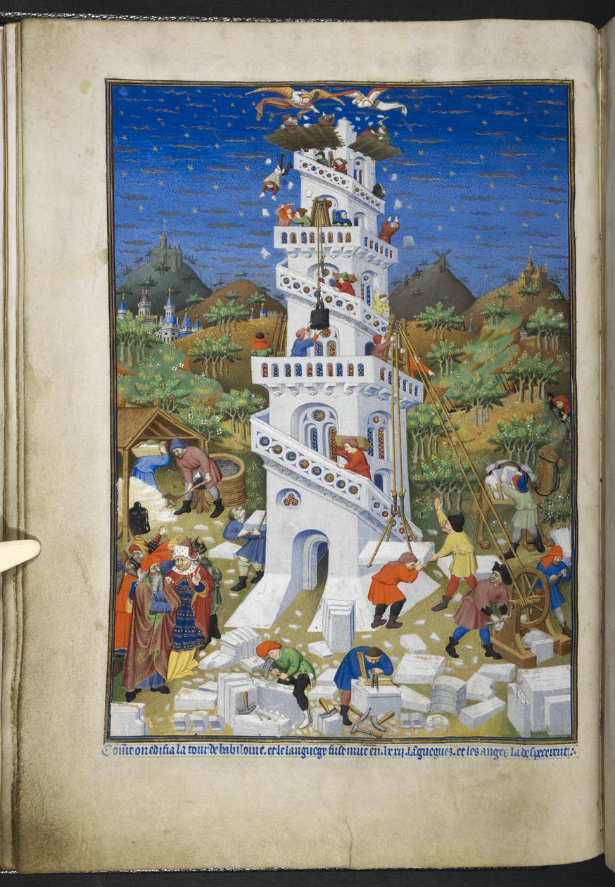 Dodaj Ms 18850 f.17v Budowa wieży Babel, z Księgi Godzin (Godziny Bedforda) c.1410-30 (atrament, kolor i złoto na welinie) autorstwa French School