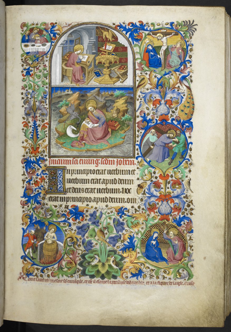 Dodaj Ms 18850 f.19r Fragmenty Ewangelii, w tym fragmenty Jana, Łukasza, Mateusza i Marka, z Księgi Godzin (Godziny Bedforda) c.1410-30 (atrament, kolor i złoto na welinie) autorstwa French School